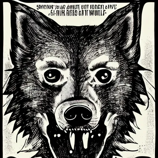 Image similar to portrait of retarded wolf, squint eyes, rabies, propaganda style, poster style