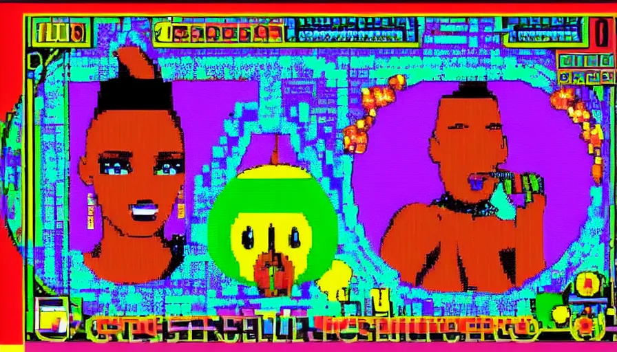 Prompt: beautiful still from retro snes arcade game featuring grace jones feeding her bioenhanced tamagotchi child, hyperreal detailed facial features and uv lighting, retro nintendo bitmap pixel art