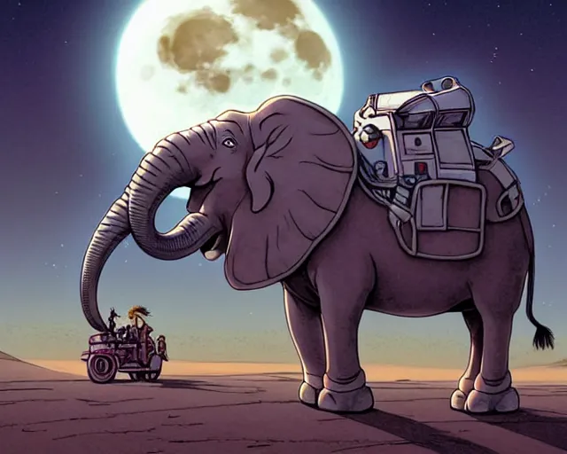 Image similar to a cell shaded cartoon giant grey lovecraftian mechanized elephant from howl's moving castle ( 2 0 0 4 ), with a big head, on a desert road, wide shot, in front of a big moon, muted colors, post grunge, josan gonzales, wlop, by james jean, victor ngai, hq, deviantart, art by artgem