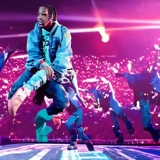 Image similar to travis scott doing a fortnite dance in astroworld concert,