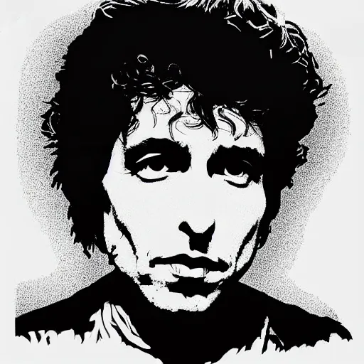 Prompt: aportrait of bob dylan photoshop halftone highlights | chromatic risograph print