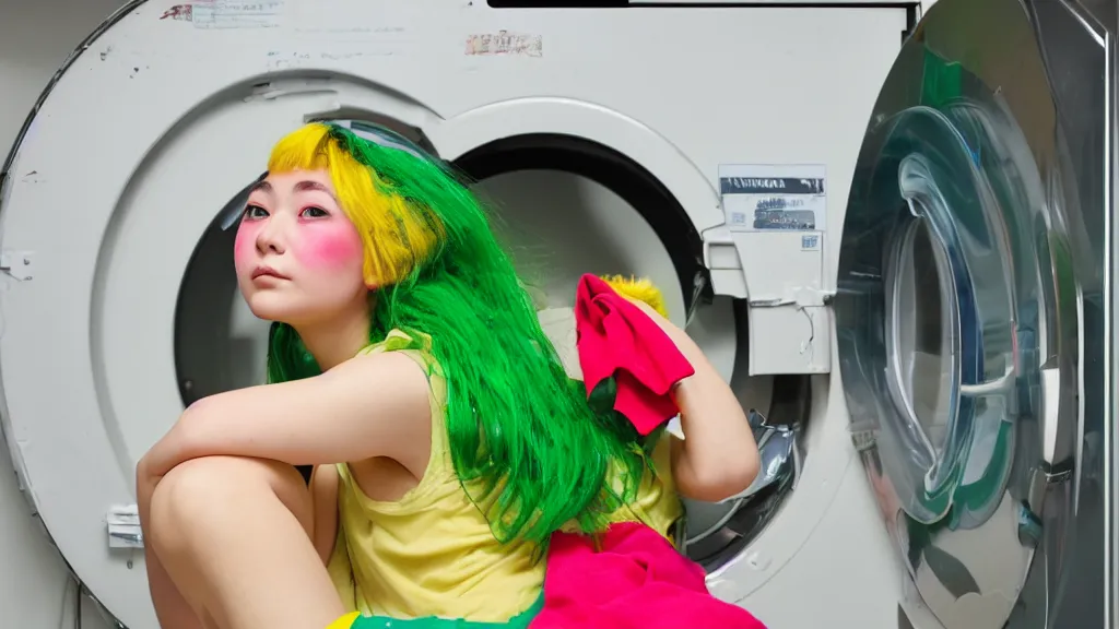 Image similar to a girl with green hair sitting on top of a washing machine in a laundromat in the style of Tsuguharu Fujita, pink yellow red and green