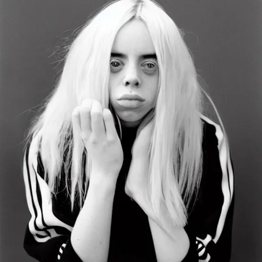 Image similar to photo of Billie Eilish by Diane Arbus, black and white, high contrast, Rolleiflex, 55mm f/4 lens