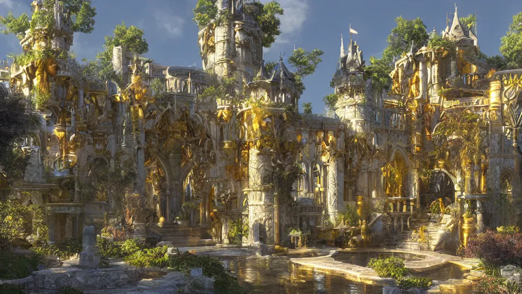 Image similar to entrance of a fabulous marble and gold castle in the sun, surrouoded with mystical gardens, magic clear water, james gurney, unreal engine, artstation