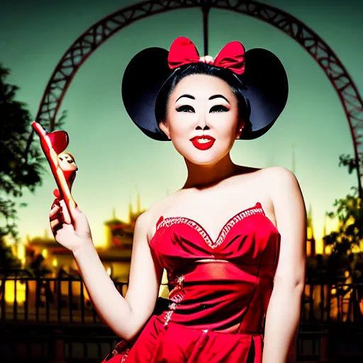 Prompt: beautiful bald asian woman with pinup makeup wearing disneyland mouse ears standing in front of the disneyland castle at night, oil painting, highly detailed, theatrical lighting, sharp focus