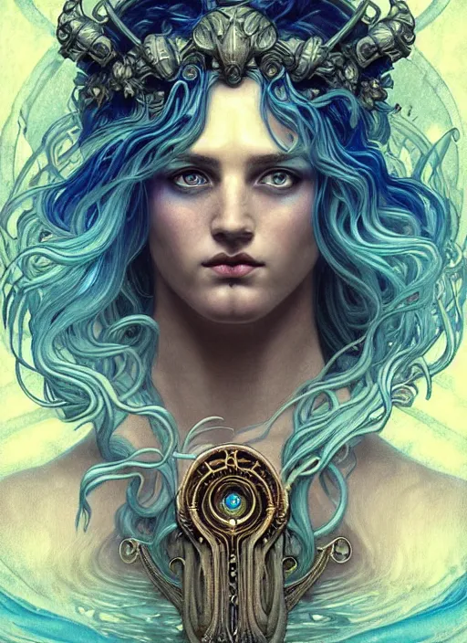 Image similar to the god poseidon, water hair, glowing eyes, volumetric lights, blue and cyan scheme, art nouveau botanicals, gothic, intricate, highly detailed, digital painting, artstation, concept art, smooth, sharp focus, symmetric face, illustration, steampunk, art by artgerm and greg rutkowski and alphonse mucha