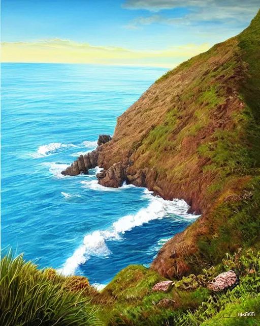 Image similar to “a beautiful vista, a cliff side overlooking the sea, award winning photorealistic painting, award winning digital art”