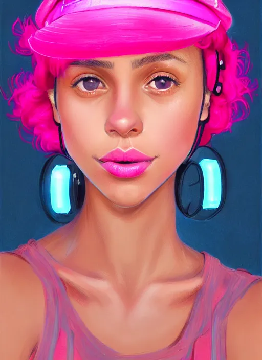 Image similar to portrait of teenage vanessa morgan with bright pink hair, black girl, curly pixie cut hair, wearing newsboy cap, pink short haircut, newsboy cap, hoop earrings, blue eyes, intricate, elegant, glowing lights, highly detailed, digital painting, artstation, concept art, smooth, sharp focus, illustration, art by wlop, mars ravelo and greg rutkowski