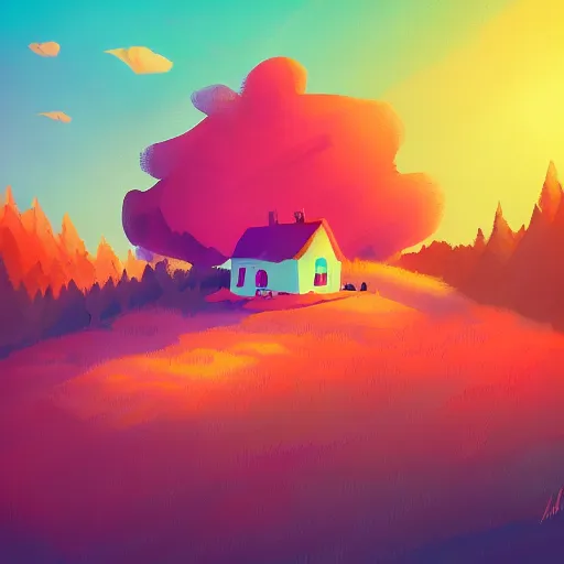 Image similar to dreamy landscape, colorful trees, little cottage, mountains, by Anton fadeev