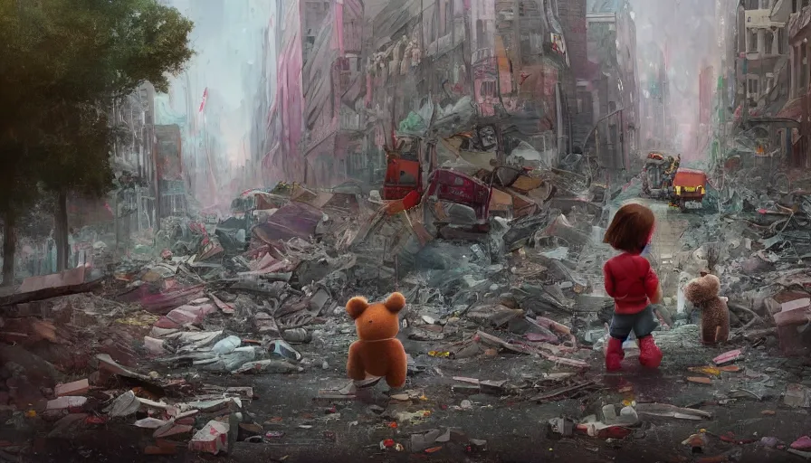 Image similar to back view of little girl and her teddy bear crossing destroyed washington dc's streets, debris, collapsed buildings, cloudy day, hyperdetailed, artstation, cgsociety, 8 k