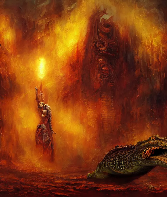 Prompt: egyptian crocodile god, fantasy artwork, godrays, warm colors, by seb mckinnon