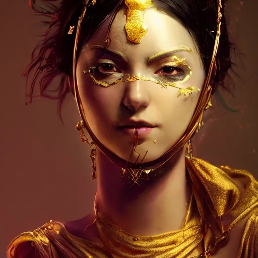 Image similar to the portrait, masked female violinist, exotic costumes, gold jewelry, black hair ， illustration by wenjun lin, irakli nadar, bright colors, octopath traveler, wenjun lin, unreal engine 5 highly rendered, global illumination, radiant light, detailed and intricate environment