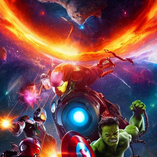 Prompt: the avengers battle one eldritch garfield in space, galaxy, hd, 8 k, explosions, gunfire, lasers, giant, epic, colorful, realistic photo, unreal engine, stars, prophecy, powerful, cinematic lighting, destroyed planet, debris, justice league, movie poster, violent, sinister, ray tracing, dynamic, print, epic composition, dark, moody