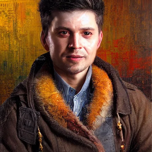 Prompt: portrait of a ukrainian man ( 3 5 ) from ukraine in 2 0 2 1, an oil painting by ross tran and thomas kincade