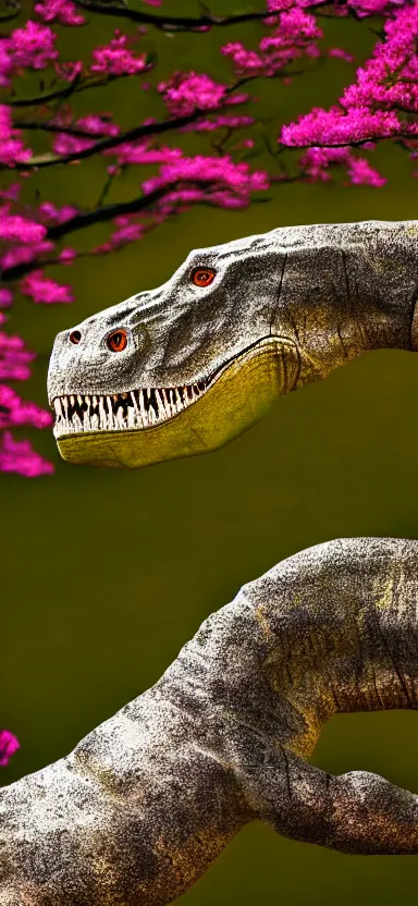 Image similar to “ a portrait photo of tyrannosaurus at a sakura tree, side shot, by shunji dodo, 8 k resolution, high quality ”