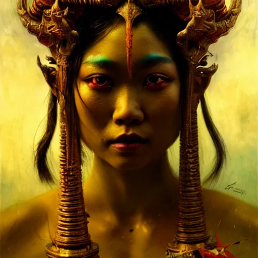 Prompt: a thai monster portrait, high detail by gaston bussiere, bayard wu, greg rutkowski, giger, maxim verehin, greg rutkowski, masterpiece, sharp focus, cinematic lightning - h 7 6 8