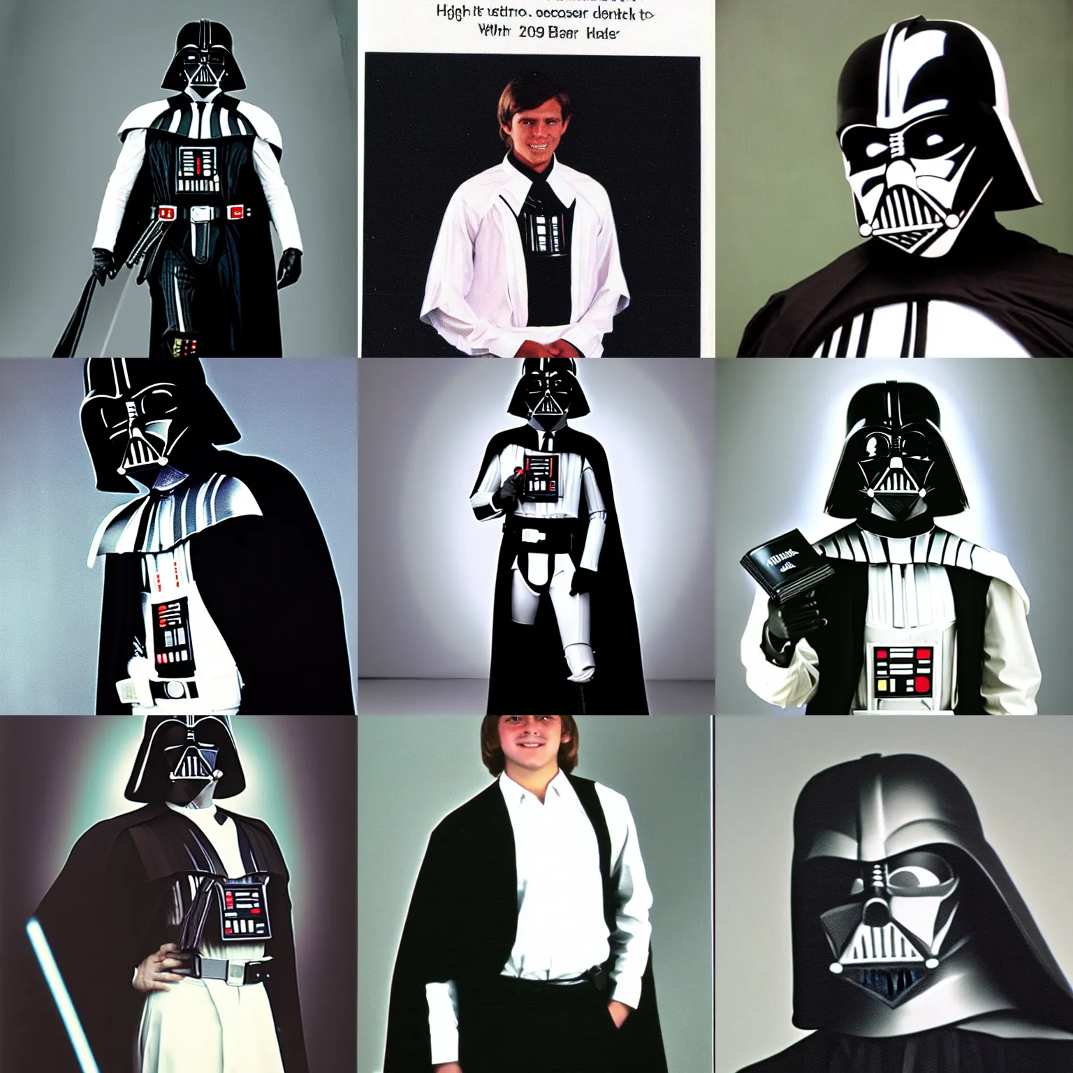 Prompt: high school yearbook photo of darth vader, wearing a white shirt and black trousers, 2 0 0 9