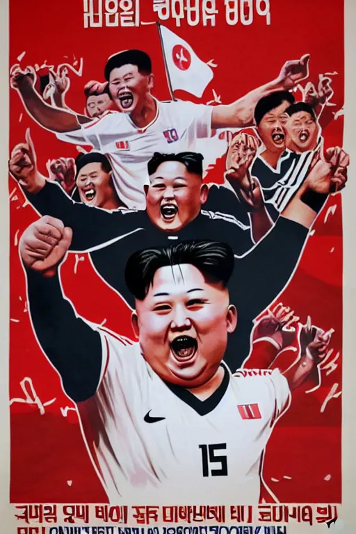 Prompt: Kim Jong-Un celebrating scoring the winning goal for North Korea in the World Cup Final, propaganda poster, soccer, football, FIFA, sport, dramatic lighting