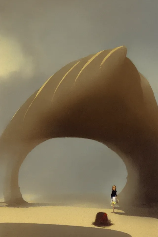 Prompt: atmospheric painting of a giant seashell house, a young girl stands outside, by john harris and moebius, atmospheric, concept art