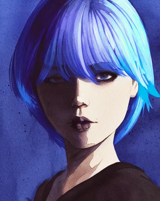 Prompt: watercolor painting of a pretty girl with Blue hair, wearing a Black dress, night city Background. In the style of ilya kuvshinov, dramatic lighting, fantasy, intricate, elegant, highly detailed, lifelike, photorealistic, digital painting, bokeh, HDR, high resolution, artstation, concept art, smooth, sharp focus, art by Krenz Cushart and Albert Aublet