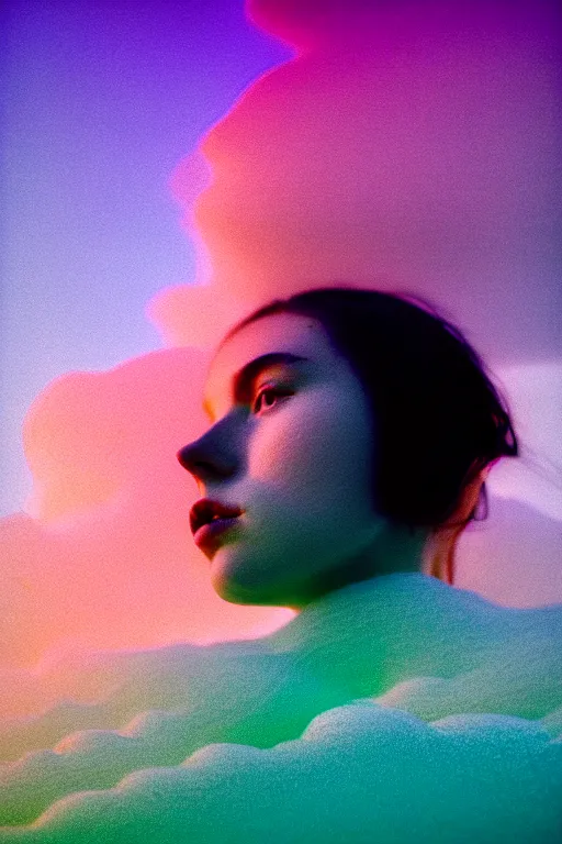 Image similar to high quality pastel coloured film close up wide angle photograph of a model wearing clothing swimming on cloud furniture in a icelandic black rock!! environment in a partially haze filled dreamstate world. three point light, rainbow. photographic production. art directed. pastel colours. volumetric clouds. pastel gradient overlay. waves glitch artefacts. extreme facial clarity. 8 k. filmic.