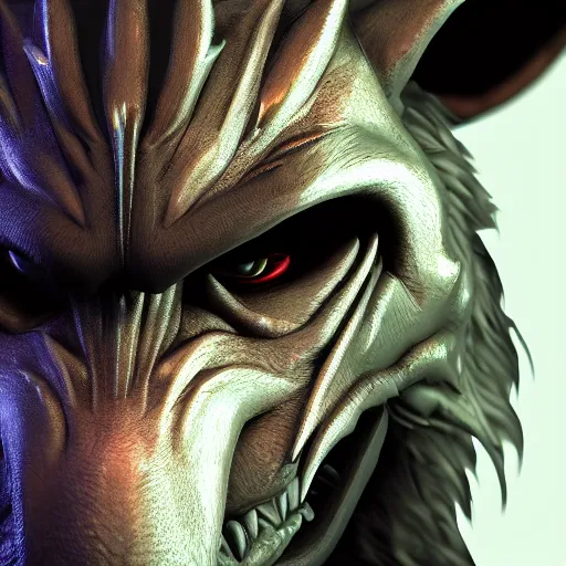 Image similar to a digital art close up portrait of werewolf demon from warhammer, scary werewolf character sheet, 4 k, ultra detail, volumetric lighting, unreal engine, octane render