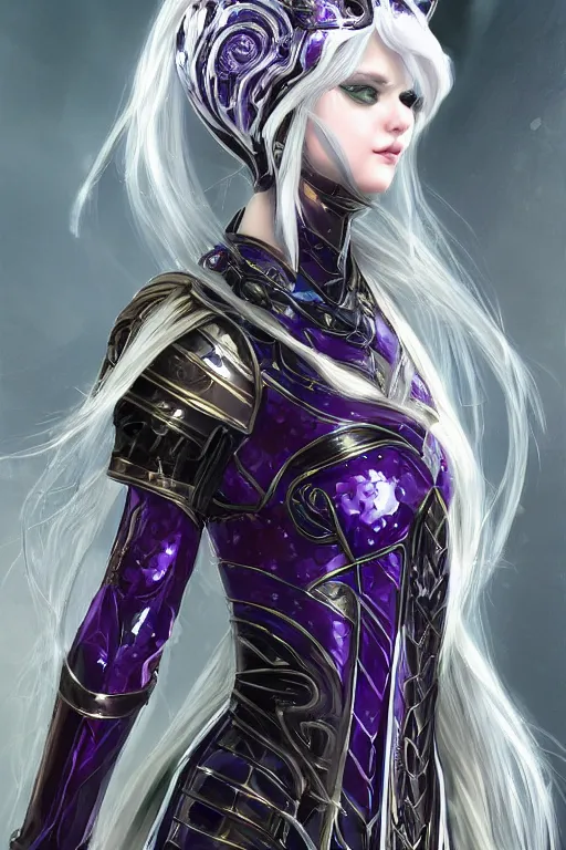 Image similar to portrait evilly white hair knights of Zodiac girl, metalic deep purple and black reflected armor, in ruined Agora of Athens thunder sparkling flash night, ssci-fi, fantasy, intricate, very very beautiful, elegant, highly detailed, digital painting, artstation, concept art, smooth, sharp focus, illustration, art by tian zi and WLOP and alphonse mucha