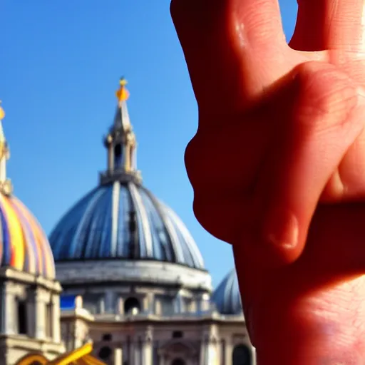 Prompt: artistic photograph of a man showing middle finger with color condom on it from behind by ai weiwei, st peter's basilica slighly out of focus in background