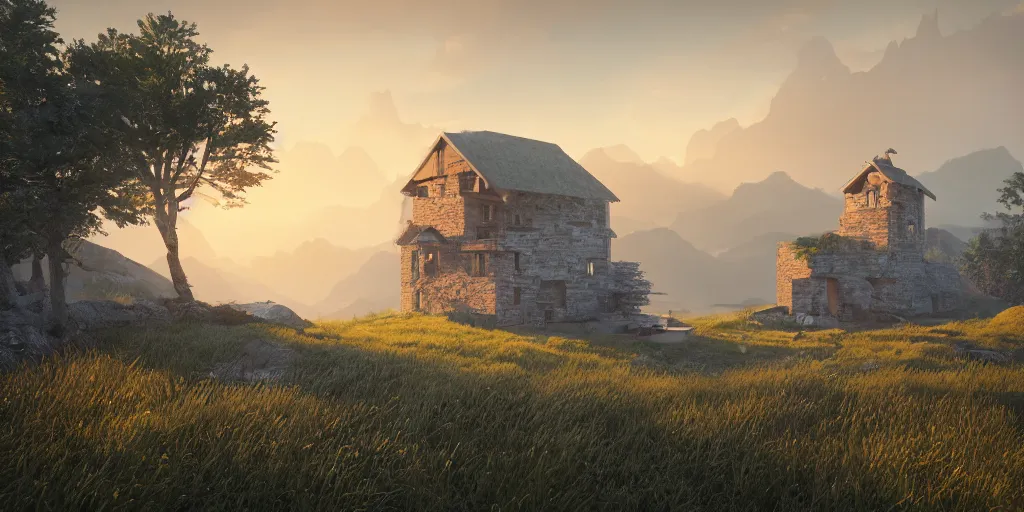 Image similar to a serene mountainous landscape with a singular building at sunrise, concept art, octane render, unreal engine 5, trending on DeviantArt, highly detailed, high quality, 4K, symmetrical, godrays, complementary colors, path traced, matte painting, breathtaking landscape, epic image, soft lighting