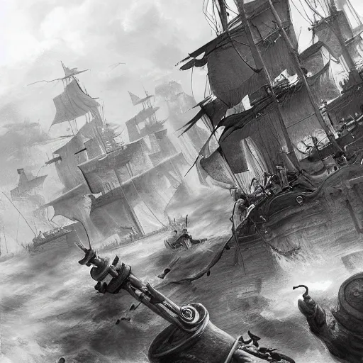 Image similar to close up of biggest pirate battle ever, pencil sketch, realistic shaded, fine details, realistic shaded lighting poster by greg rutkowski