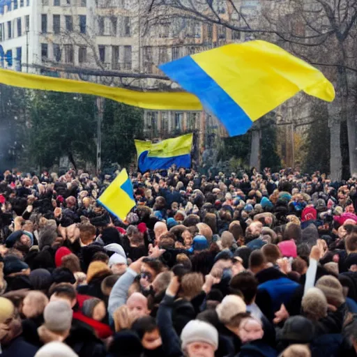 Prompt: a crowd of people with ukrainian flags throw down a bust of volodymyr lenin