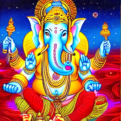 Prompt: ganesha meditating on the universe by Shinji Aramaki, detailed, bright tones