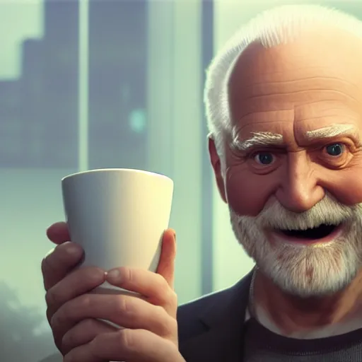 Prompt: hide the pain harold ; cinematic screenshot ; crisp sharp focus ; ultra realistic, concept art, intricate details, cool forced smile at office with cup in hand, highly detailed, photorealistic, octane render, 8 k, unreal engine. art by artgerm and greg rutkowski and charlie bowater and magali villeneuve and alphonse mucha