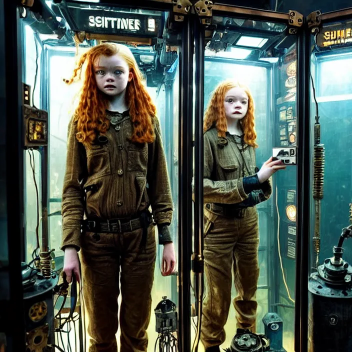 Prompt: sadie sink as a miner inside a minimalist steampunk automated kiosk with options to choose from. scifi cyberpunk. by gabriel hardman, joe alves, chris bonura. cinematic atmosphere, detailed and intricate, perfect anatomy