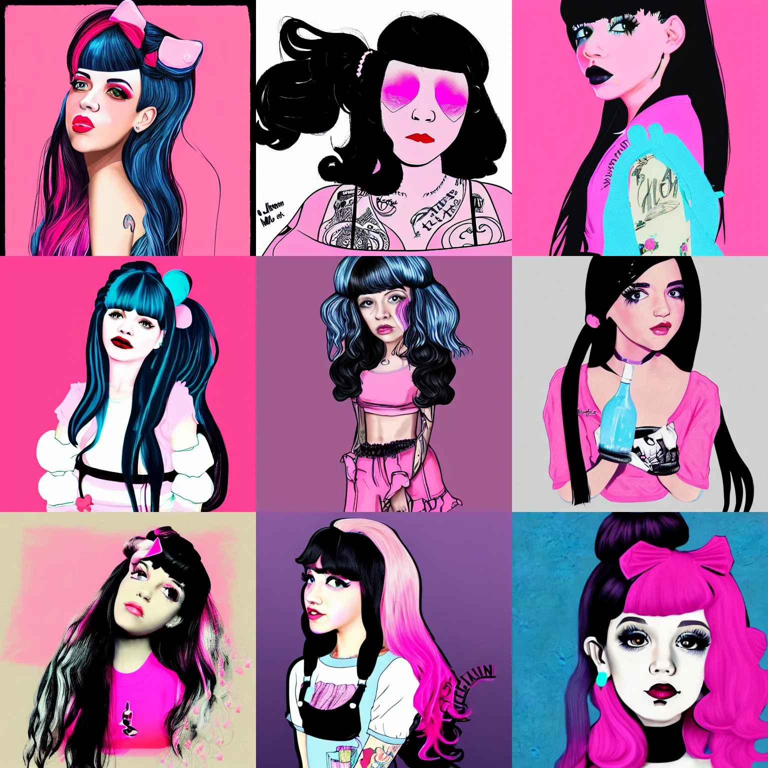 Prompt: melanie martinez with pink on the left side and black on the right side mullet long hair, digital art