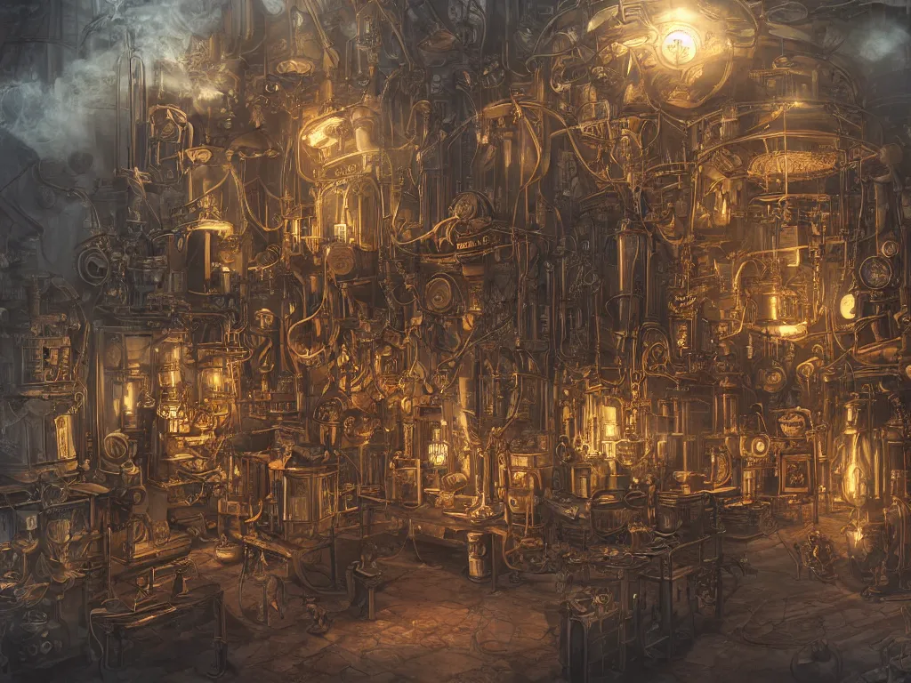 Prompt: large steampunk alchemy lab, beautiful digital art, atmospheric and highly detailed, trending on artstation