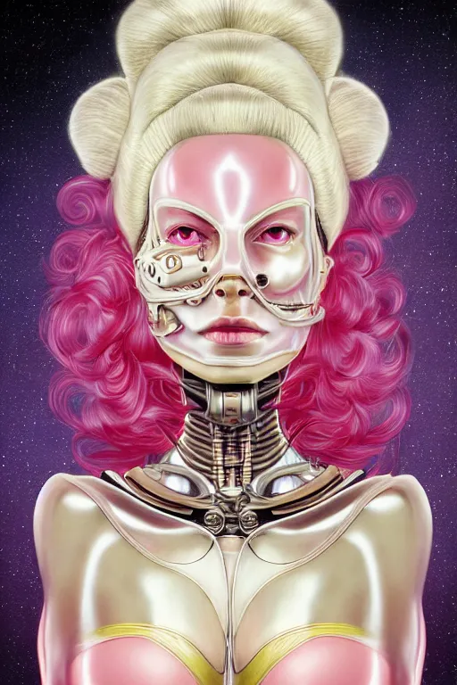 Prompt: organic cyborg head wrapped in silk by Hajime Sorayama and Jamie Coreth, trending on artstation, centered, symmetrical, snow white, thick pink hair, bilateral symmetry, 70s poster, polished, thick smoke, retro dark vintage sci-fi, 2D matte illustration