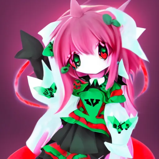 Prompt: cute fumo plush of a void imp who crawled out a hole in reality, anime girl, black and red, green ribbon and heart, ruffled and tattered dress, symmetry, gothic, melting crayons, glow, vray, vantablack