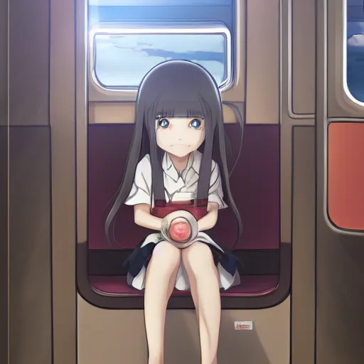 Prompt: portrait of the lone girl sitting in train carriage, anime fantasy illustration by tomoyuki yamasaki, kyoto studio, madhouse, ufotable, trending on artstation