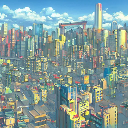 Prompt: futuristic city on a mountainside, red - yellow - blue buildings, city, city on mountainside, clouds around buildings, cel - shaded, raytracing, cel - shading, toon - shading, 2 0 0 1 anime, flcl, jet set radio future, drawn by artgerm