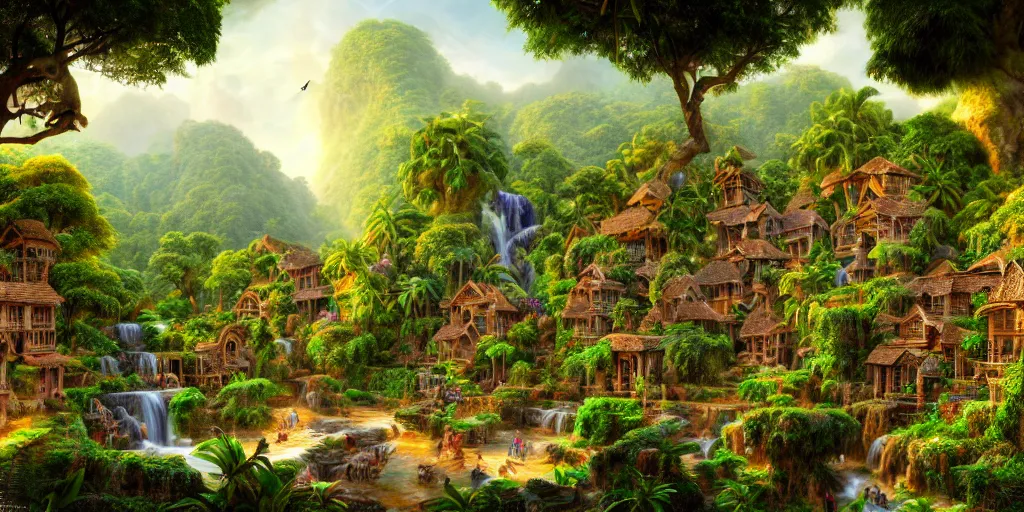 Prompt: village in a tropical eastern waterfall valley, with great birds, lush wildlife, rich geometry, ancient ruins, fantasy, precise and incredibly highly detailed intricate 8 k wallpaper, john stephens, lisa frank, tim white, rococo, hr giger, krenz cushart, long shot dramatic lighting, crisp intricate stunning award winning masterpiece trending on artstation beautiful