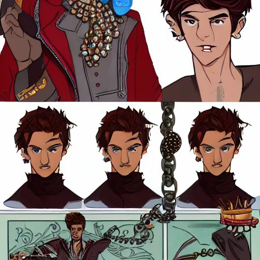 Prompt: a character explainer sheet of a handsome young man wearing excessive jewelry in a tasteful way