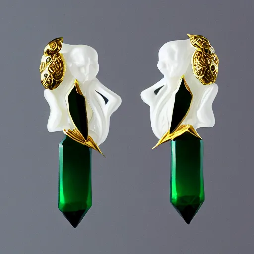 Image similar to artnouveau alien goddess earrings made by René lalique in black, white and emerald and gold