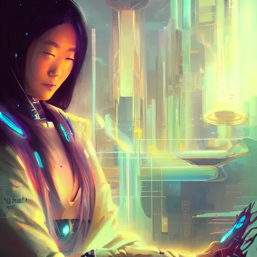 Prompt: a portrait of an asian girl as a beautiful cybernetic techno queen, japanese woman, cyberpunk concept art by pete mohrbacher and wlop and artgerm josan gonzalez and syd mead, digital art, highly detailed, intricate, sci-fi, sharp focus, Trending on Artstation,