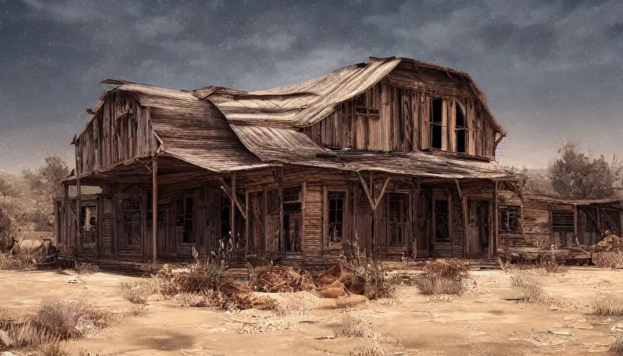 Image similar to old abandoned 1 8 0 0's saloon covered by dust and sand, cobwebs and rotten wood, desert, hyperdetailed, artstation, cgsociety, 8 k