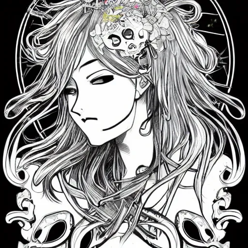 Image similar to anime manga skull portrait girl female lioness skeleton illustration with clouds and stars detailed style by Alphonse Mucha pop art nouveau detailed pattern