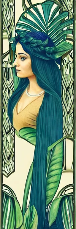 Prompt: Queen of Split Leaf Philodendron and art nouveau , a beautiful young Polynesian woman who looks like a mix of Audrey Hepburn and Princess Aurora Sleeping Beauty, perfect skin, perfect face, gorgeous, symmetrical face, symmetrical body, artgerm, flowing hair, realistic, photorealistic, editorial photograph, portrait, detailed, intricate, focused, muted colors, artstation, border and embellishments inspiried by alphonse mucha, fractals in the background, galaxy