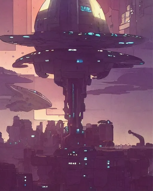 Image similar to a large whimsical spaceship floating above a cyberpunk city, by Mike Mignola, Robbie Trevino, ellen jewett, Yoji Shinkawa