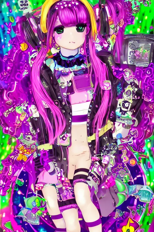 Image similar to cybergoth decora glitchcore yokai girl, sanrio ornaments, pastel cute cinematography | neo hong kong, rainy atmosphere, night time, bright lights, colorful signs, busy streets, high res, kowloon | anime decora gyaru kawaii fashion model, v tuber, darling in the frank,asuka, anime best girl, with glitch and scribble effects, psychedelic colors, 3d render octane, by wlop, wenjr, beeple, artstation,imaginefx