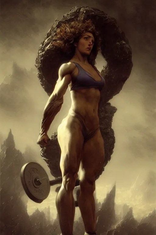 Image similar to muscular heroine, standing in front of a squat rack, with her foot on top of a pile of dumbbells - in the style of greg rutkowski, by Gustave Doré, by Marco Turini, by Artgerm, Deviantart in the style of Tom Bagshaw, Cedric Peyravernay, Peter Mohrbacher by William-Adolphe Bouguereau,4k,